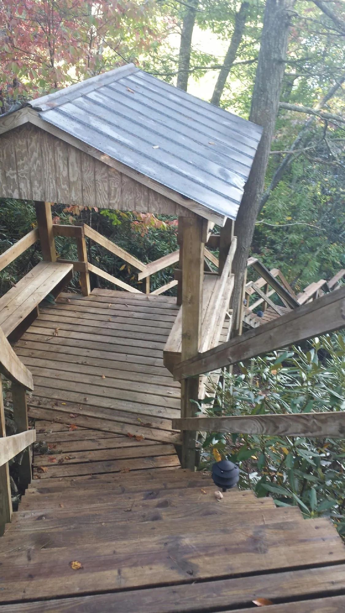 Metal roofed shelter over wooden steps on a wooded walkway — Skylight Repair & Installation work by our crew in Lillington